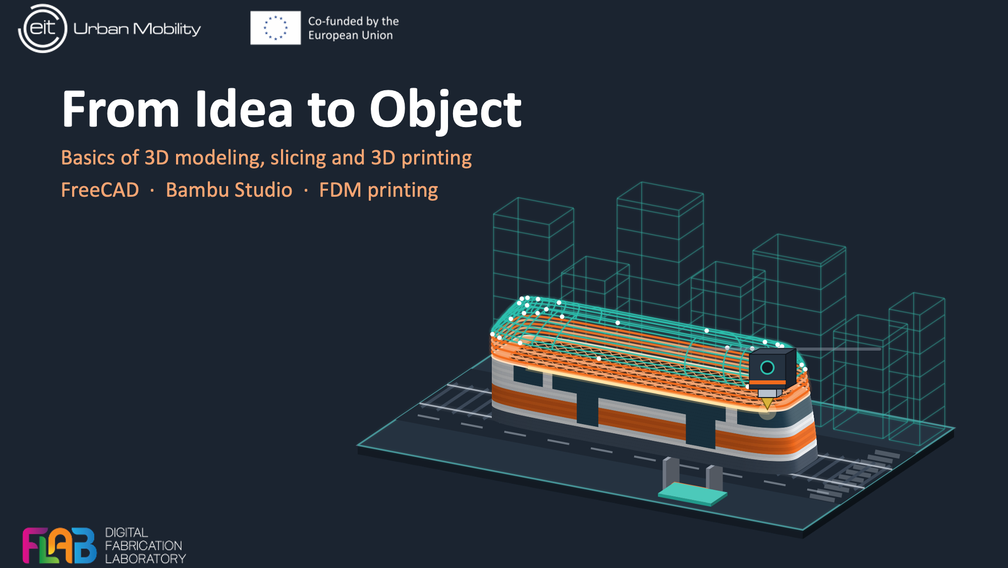 Digital 3D model of an urban tram illustrating the transition from computer-aided design to physical prototyping and 3D printing.