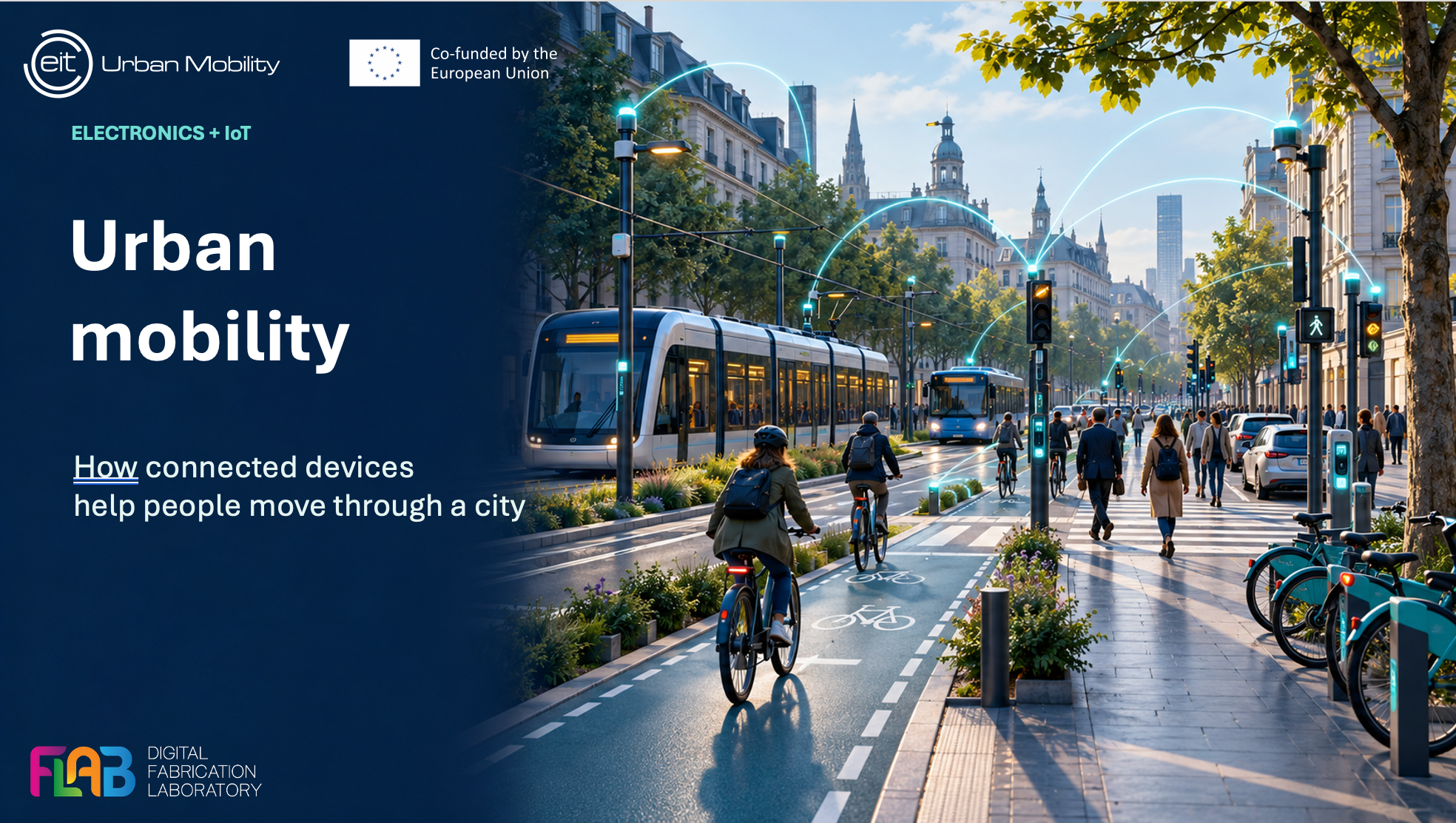 Smart urban mobility illustration featuring connected public transport, cyclists, sensors and digital city infrastructure