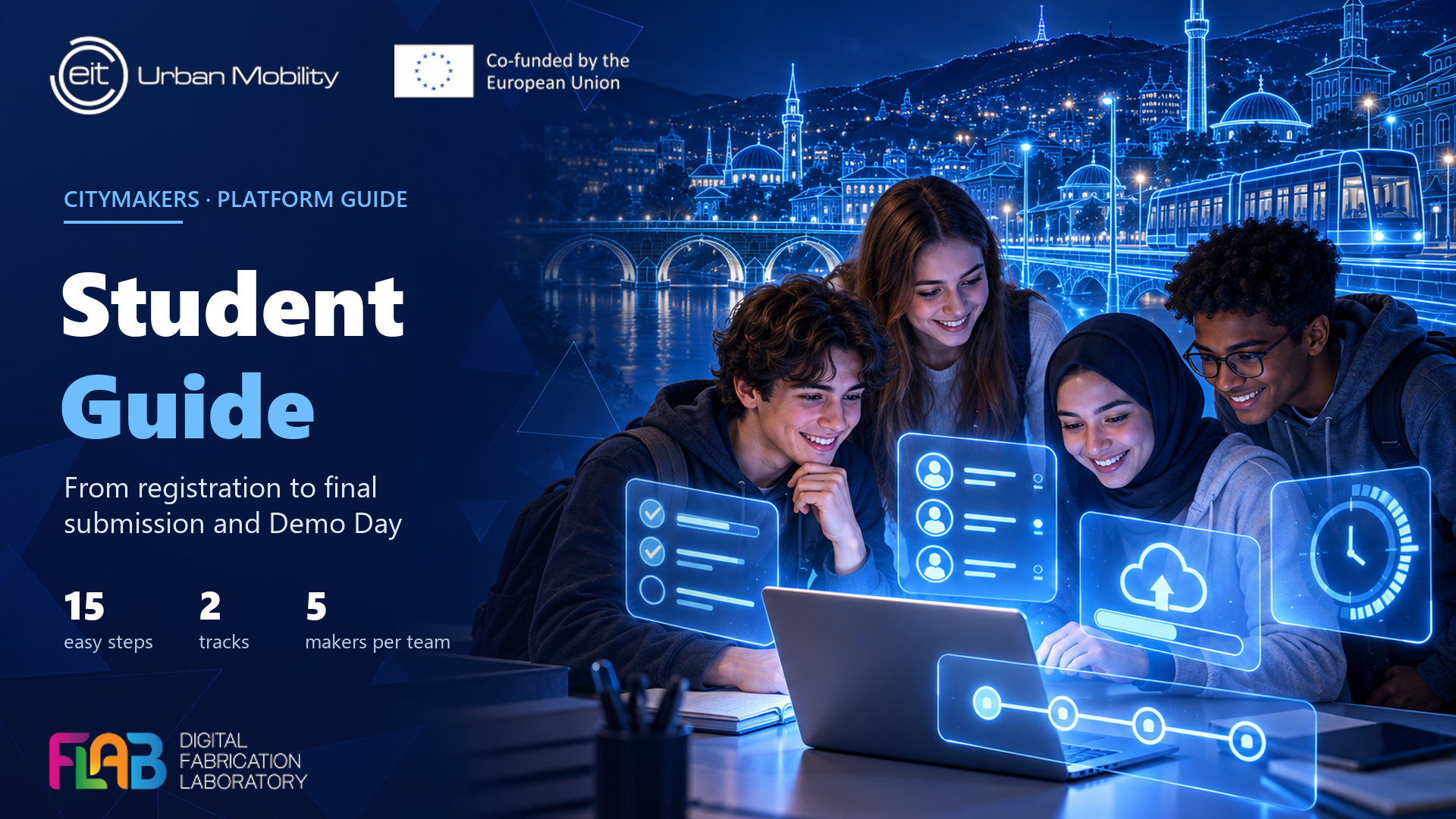 A team of students working together on a laptop with floating platform panels for a checklist, team members, file upload and deadline, in front of an illuminated Sarajevo skyline with a tram.